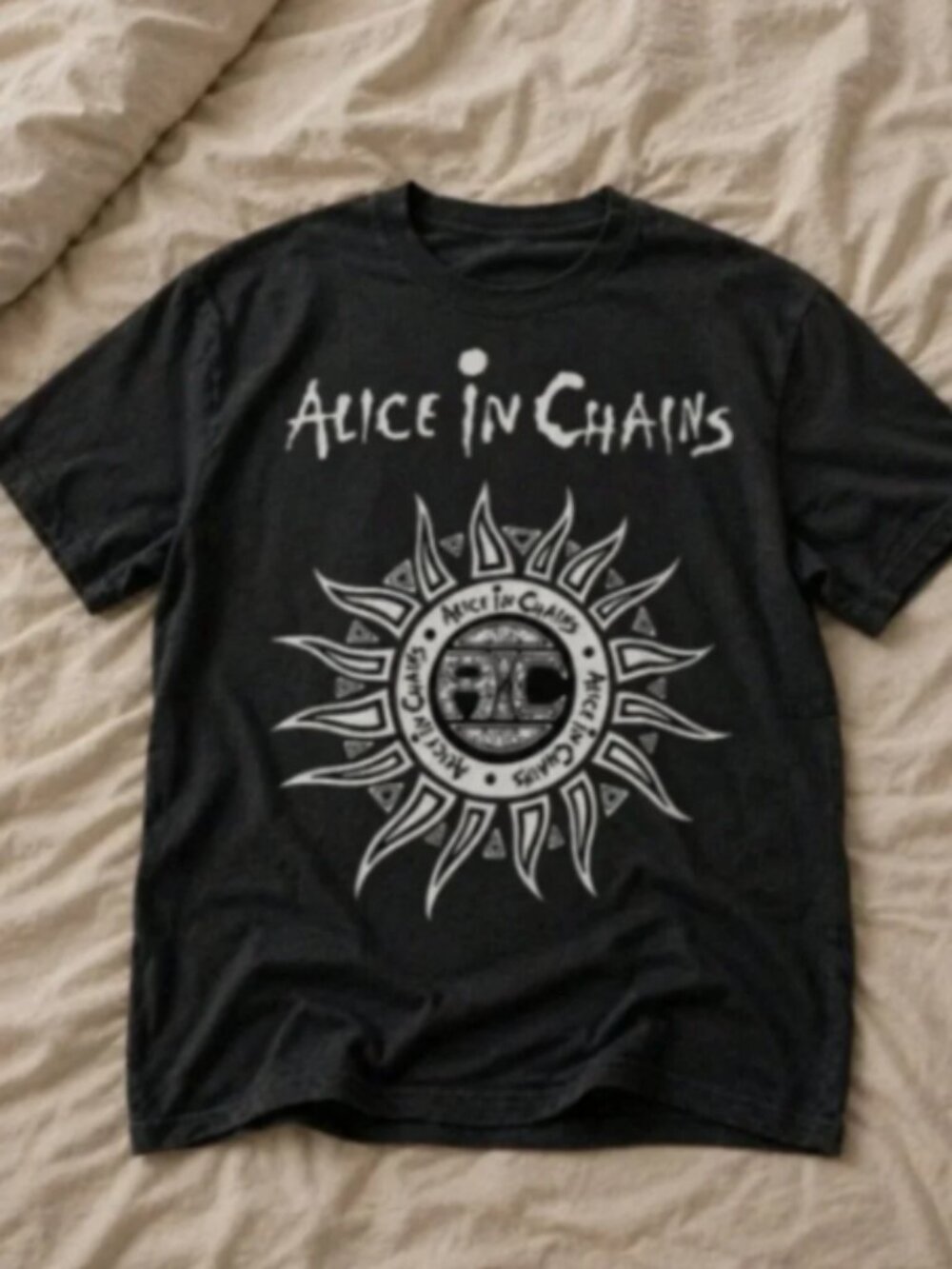 Alice In Chains Black Graphic T-Shirt AIC Sun Logo Band Tee